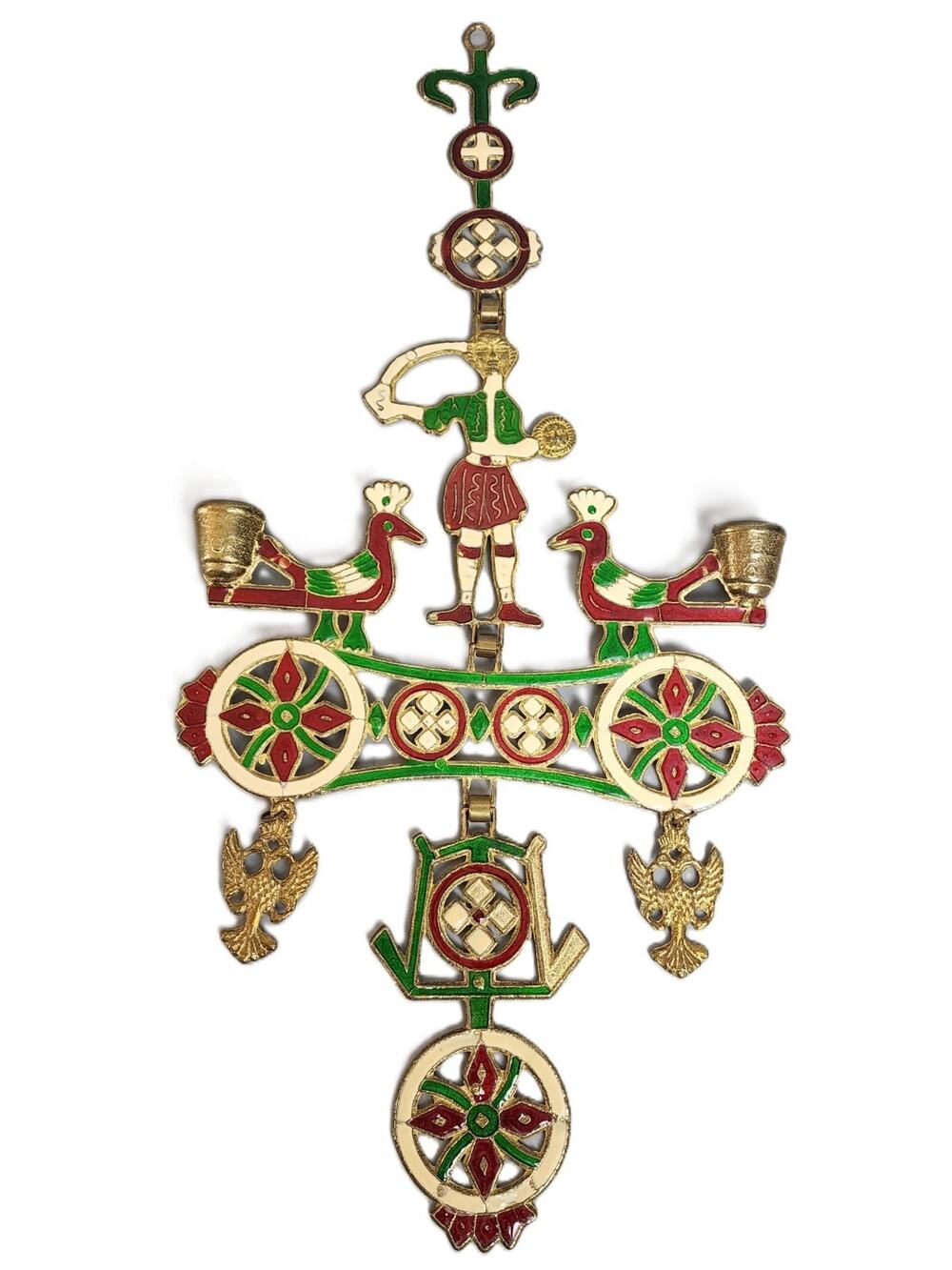 Smaltotex Enameled Bronze Hanging Candle Holder Greek Orthodox Cross Shaped